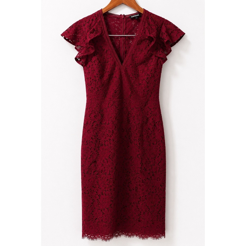 EXPRESS Red Lace Midi Dress Size 4 Flutter Sleeve Lined Cocktail Party Dress